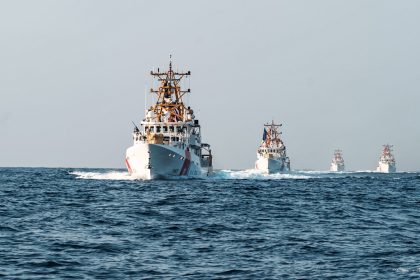This handout photo released on August 22, 2022, by the US Defence Visual Information Distribution Service (DVIDS) shows the US Coast Guard fast response cutters USCGC Clarence Sutphin Jr. (WPC 1147), USCGC Glen Harris (WPC 1144), USCGC John Scheuerman (WPC 1146),  and USCGC Emlen Tunnell (WPC 1145) transiting the Strait of Hormuz, during their deployment to the US 5th Fleet area of operations. (Photo by Noah MARTIN / DVIDS / AFP) / RESTRICTED TO EDITORIAL USE - MANDATORY CREDIT "DVIDS" - NO MARKETING - NO ADVERTISING CAMPAIGNS - DISTRIBUTED AS A SERVICE TO CLIENTS - RESTRICTED TO EDITORIAL USE - MANDATORY CREDIT "DVIDS" - NO MARKETING - NO ADVERTISING CAMPAIGNS - DISTRIBUTED AS A SERVICE TO CLIENTS /