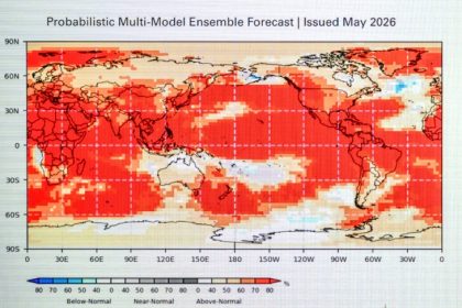 Head of climate prediction services at the World Meteorological Organization (WMO) Wilfran Moufouma-Okia points on graphs displayed on a computer screen at the WMO headquarters in Geneva, on June 1, 2026. There is an 80-percent chance of the warming El Nino phenomenon developing between June and August, increasing the risk of extreme weather events, the World Meteorological Organization said on June 2, 2026. (Photo by Fabrice COFFRINI / AFP)